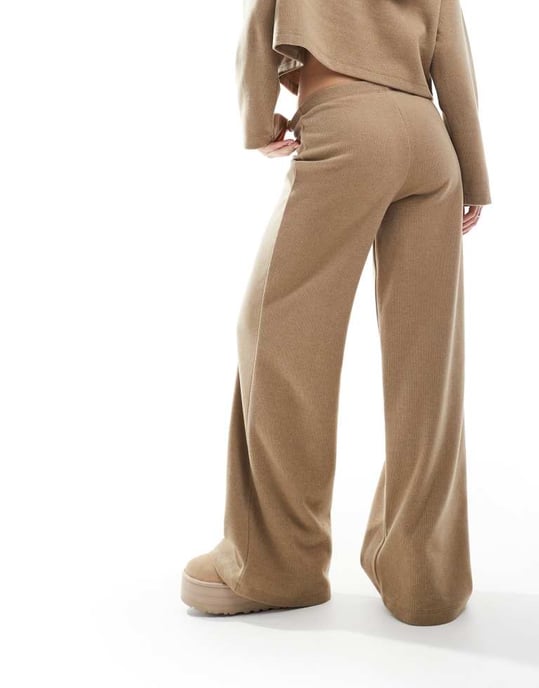 Miss Selfridge soft rib wide leg trouser in beige - Image 3