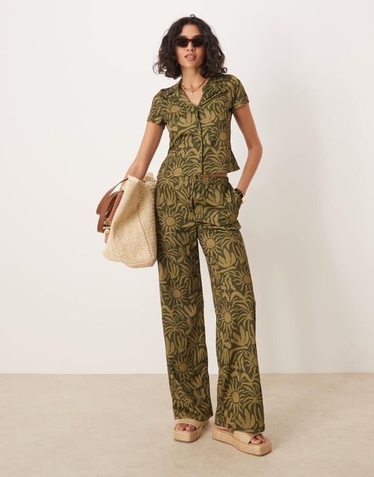 ASOS DESIGN wide leg trouser with floral print co-ord in khaki - Image 1