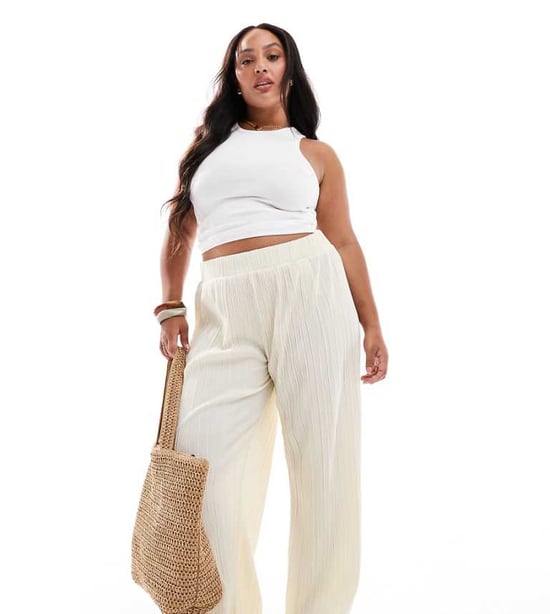 ONLY Curve plisse wide leg trousers in buttermilk - Image 1