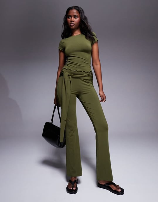 ASOS DESIGN co-ord tie waist flare trouser in khaki - Image 1