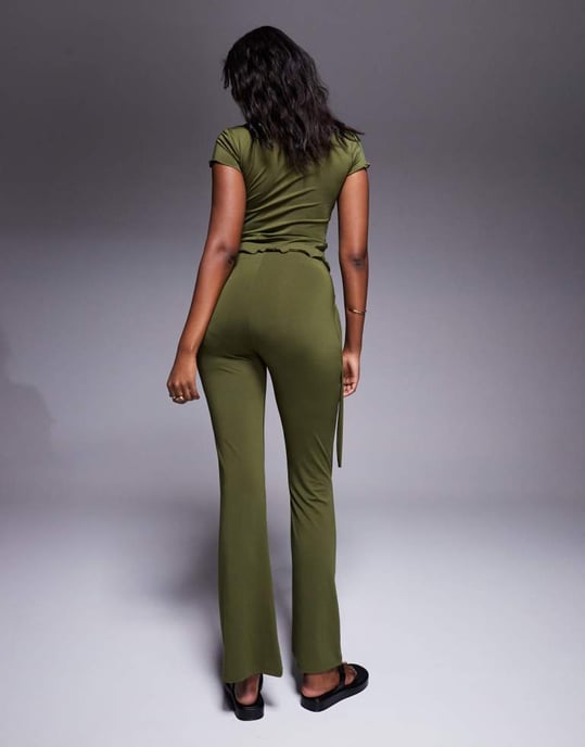 ASOS DESIGN co-ord tie waist flare trouser in khaki - Image 2