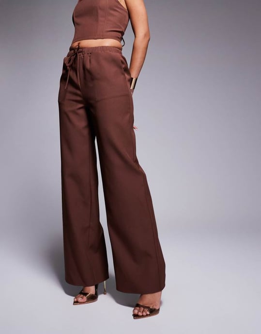 Kaiia exclusive drawstring waist wide leg trousers co-ord in chocolate - Image 2
