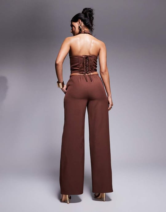 Kaiia exclusive drawstring waist wide leg trousers co-ord in chocolate - Image 3