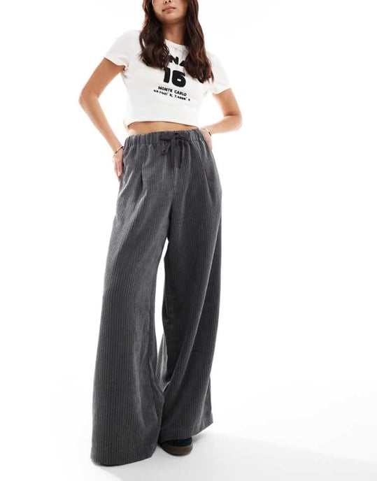 ASOS DESIGN cord wide leg pull on trouser in grey - Image 1