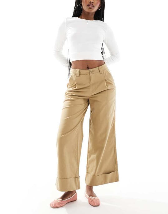 ASOS DESIGN brushed wide leg turn up ankle grazer in stone - Image 3