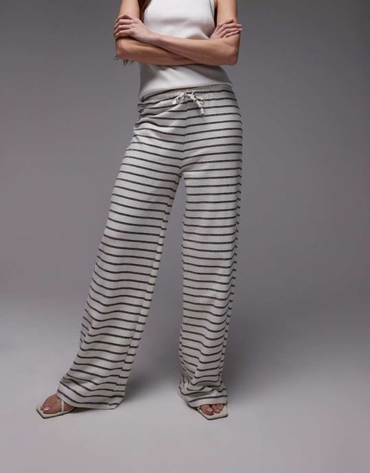 Topshop drawcord stripe wide leg trousers in ecru - Image 2