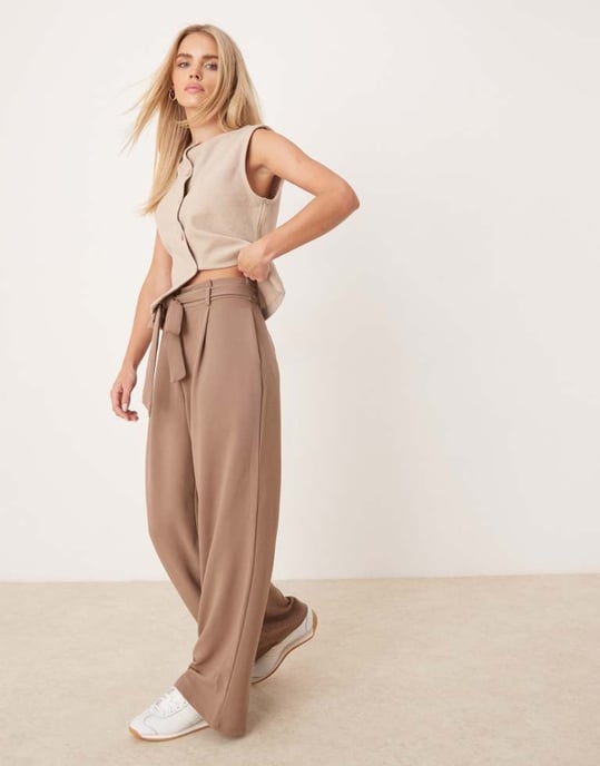 Vila Petite tie waist wide leg trouser in fossil brown - Image 3