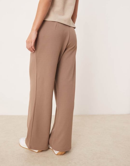 Vila Petite tie waist wide leg trouser in fossil brown - Image 4