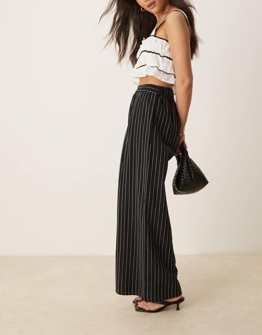 Nobody's Child Jerrow wide leg linen trousers in black stripe - Image 2