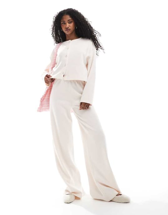 Miss Selfridge soft rib wide leg trouser in light pink - Image 1