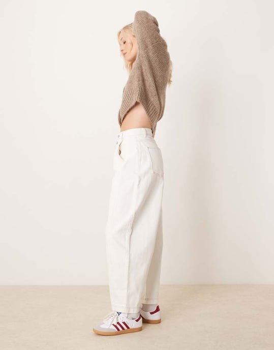 ASOS DESIGN cropped barrel leg jean with button fly in ecru - Image 2