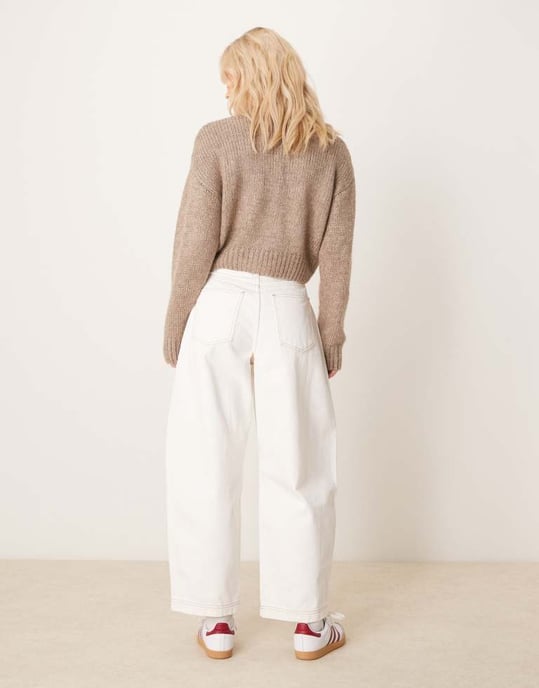 ASOS DESIGN cropped barrel leg jean with button fly in ecru - Image 3
