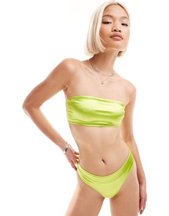Monki mixa och matcha bandeau bikiniöverdel i metallisk limegrön - Image 3