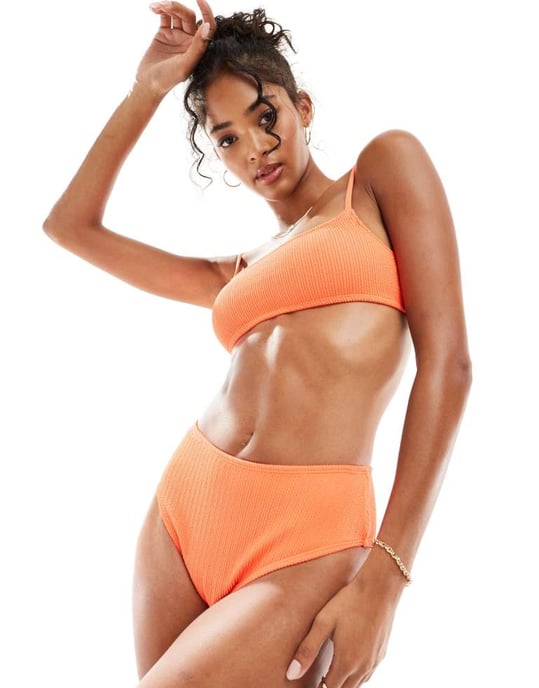 Cotton On rak crop bralette bikini-topp i orange krinklad - Image 3