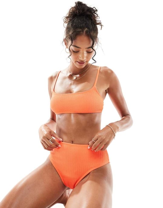Cotton On rak crop bralette bikini-topp i orange krinklad - Image 4