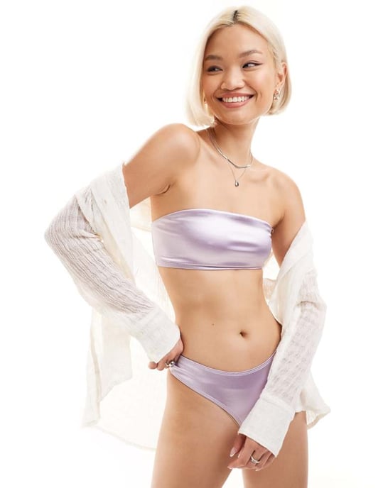 Monki mixa och matcha bandeau-bikiniöverdel i metallisk lila - Image 3