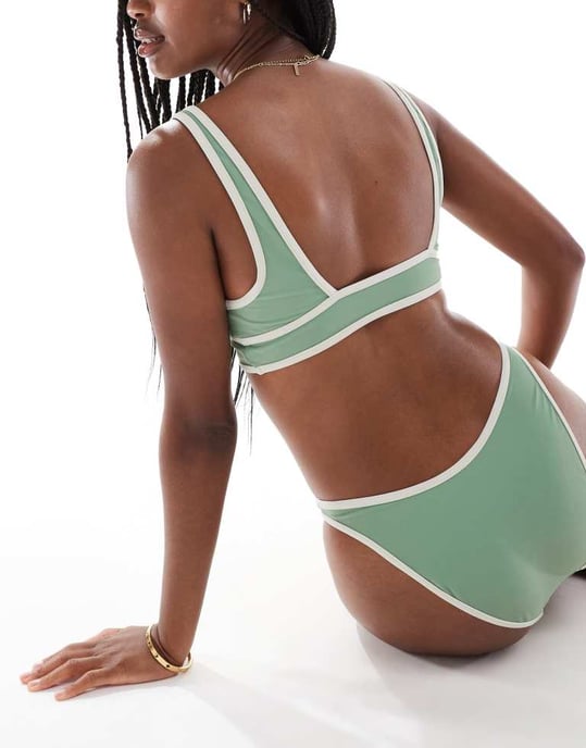 ASOS DESIGN contrast binding high apex triangle bikini top with ruche detail in sage green - Image 3
