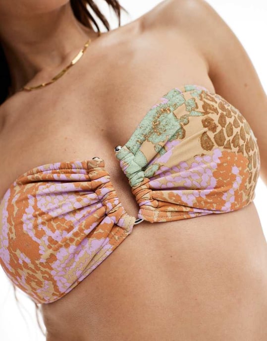 Vero Moda mixa och matcha bandeau bikiniöverdel i pastellormtryck - Image 2