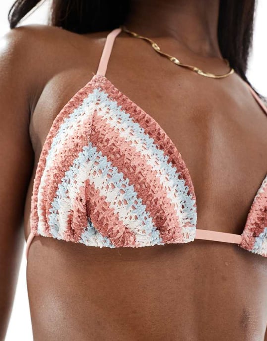 Hollister co-ord virkat bikiniöverdel med snörning i ryggen i flerfärgad randig mönster - Image 2