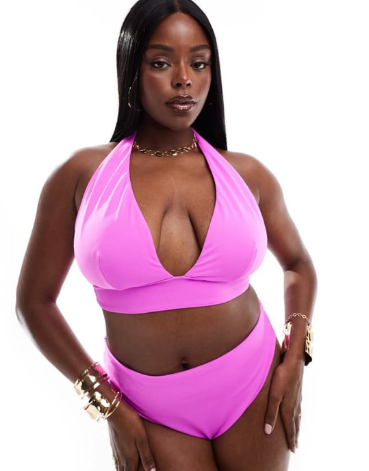 ASOS DESIGN Curve Maya hög apex halterneck triangeltopp bikini i rosa pop - Image 4