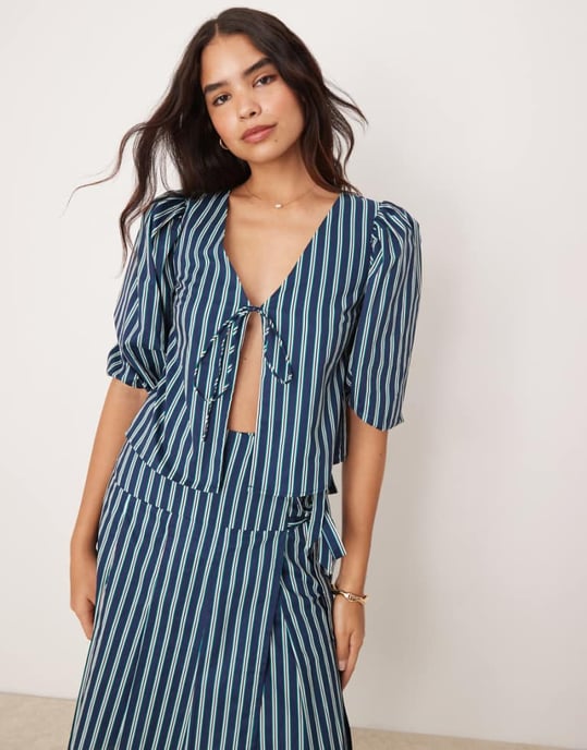 Glamorous volume sleeve blouse with tie front in green stripe co-ord - Image 1