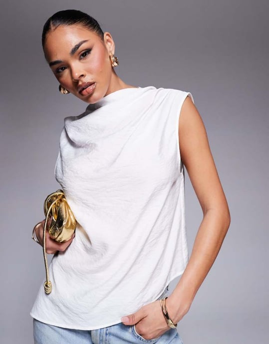 ASOS DESIGN drapey asymmetric sleeveless top in cream - Image 1