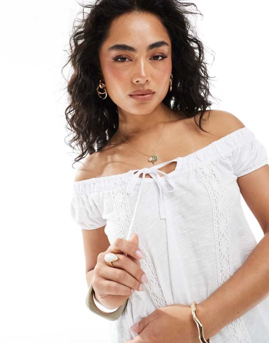 Miss Selfridge boho lace trim jersey blouse in white - Image 2
