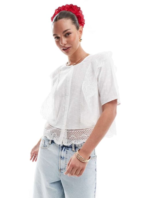 Pieces broderie cutwork detail short sleeve blouse in cloud white - Image 1