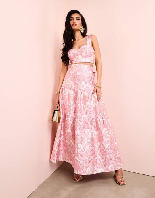 ASOS LUXE co-ord jacquard bralette top in pink floral print - Image 3