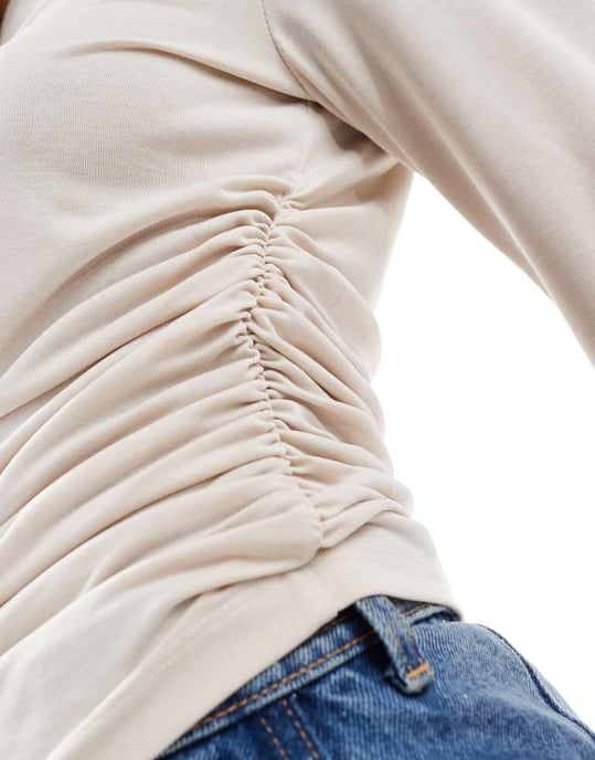 ASOS DESIGN peach cupro draped waist long sleeve t shirt in ecru - Image 4