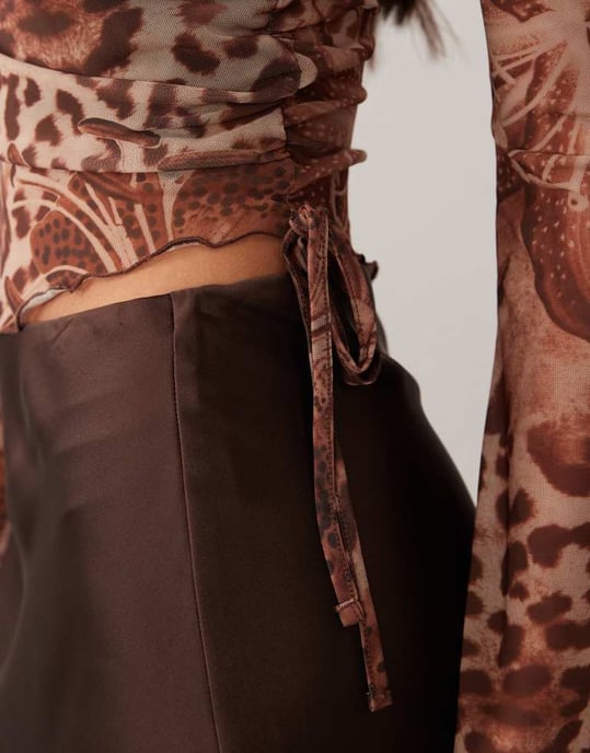 ASOS DESIGN printed paisley mesh drawstring asymmetric top with flute sleeve in brown - Image 3