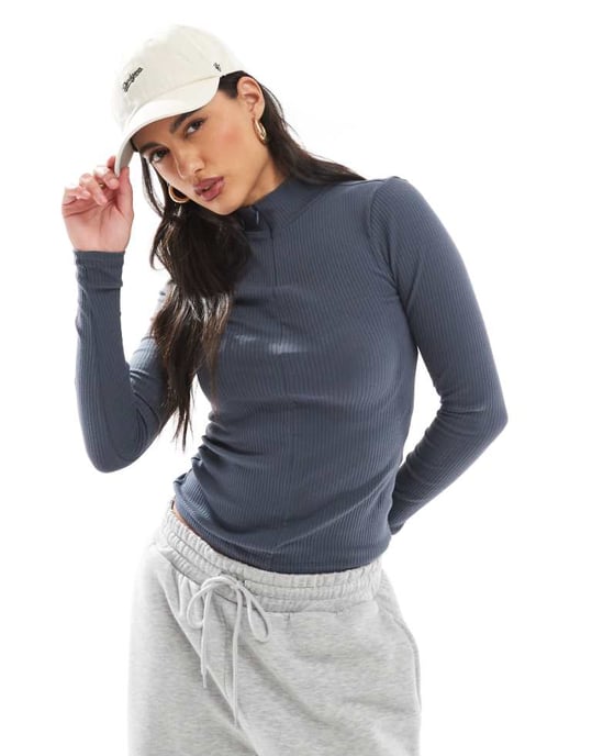 Pieces ribbed jersey double zip top in grey blue - Image 1