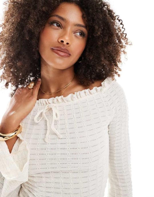 Miss Selfridge flare long sleeve textured jersey top in cream - Image 1