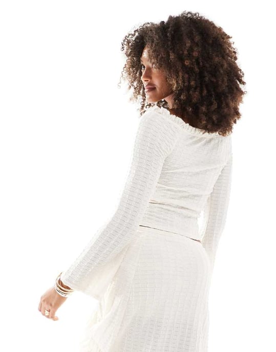 Miss Selfridge flare long sleeve textured jersey top in cream - Image 4