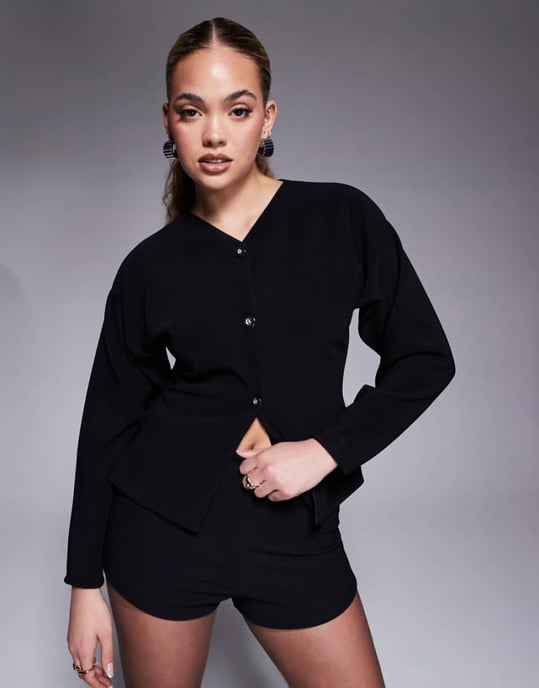 ASOS DESIGN co-ord ribbed balloon sleeve structured button through top in black - Image 1