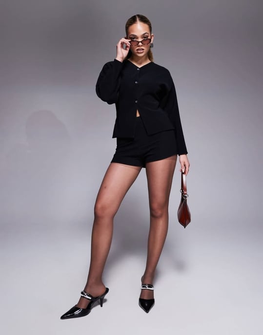 ASOS DESIGN co-ord ribbed balloon sleeve structured button through top in black - Image 2