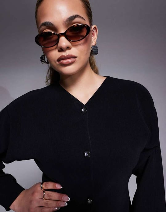 ASOS DESIGN co-ord ribbed balloon sleeve structured button through top in black - Image 3