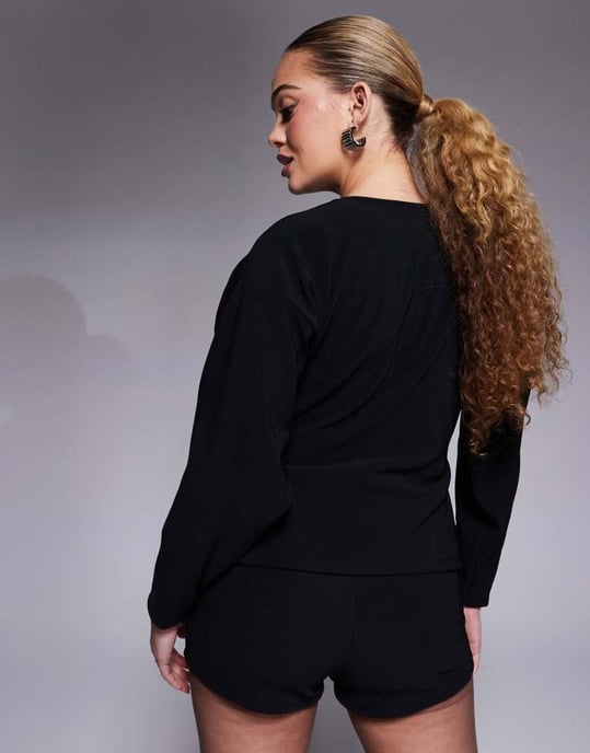 ASOS DESIGN co-ord ribbed balloon sleeve structured button through top in black - Image 4