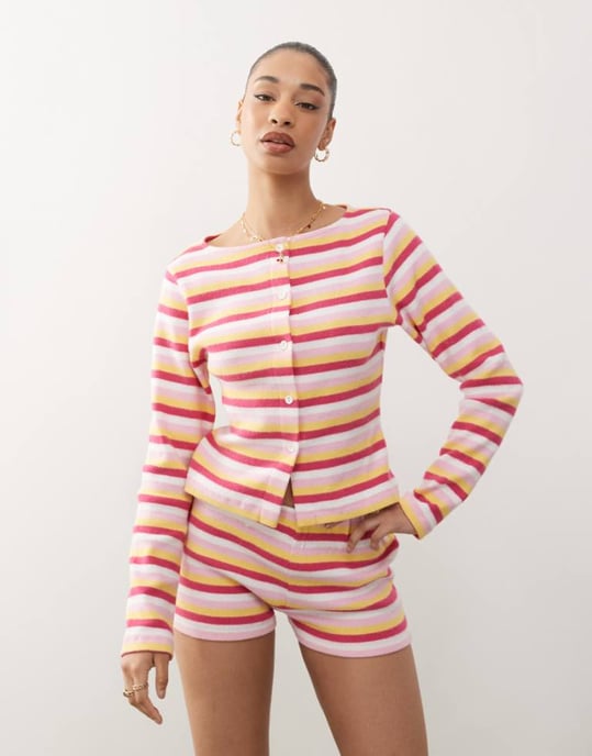 Reclaimed Vintage long sleeve button through top in multi stripe co ord - Image 1