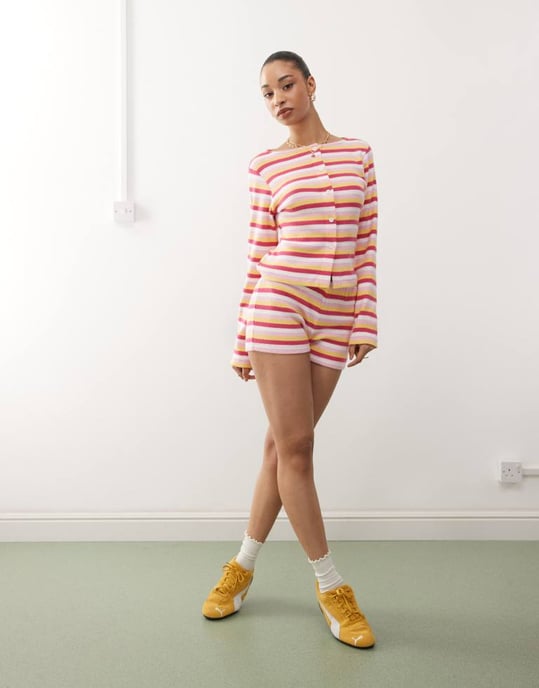Reclaimed Vintage long sleeve button through top in multi stripe co ord - Image 2