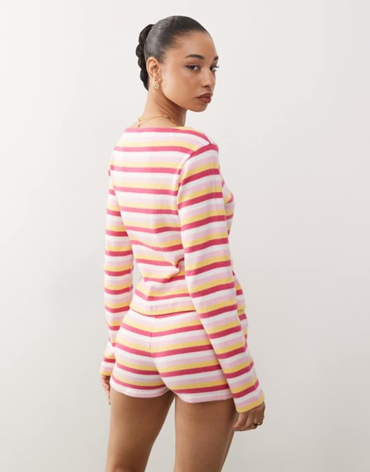Reclaimed Vintage long sleeve button through top in multi stripe co ord - Image 4