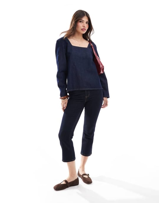 ASOS DESIGN denim sömmad långärmad topp i mellanblå - Image 1