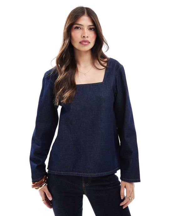 ASOS DESIGN denim sömmad långärmad topp i mellanblå - Image 2