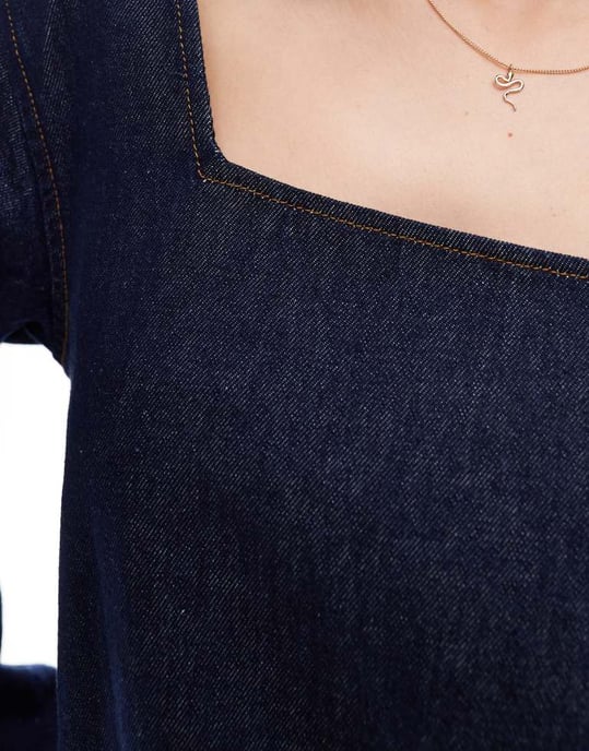 ASOS DESIGN denim sömmad långärmad topp i mellanblå - Image 3
