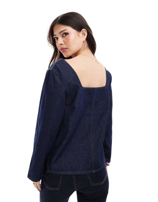 ASOS DESIGN denim sömmad långärmad topp i mellanblå - Image 4