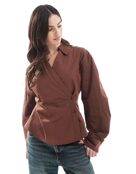 ASOS DESIGN wrap shirt with cocoon sleeve in brown - Image 1