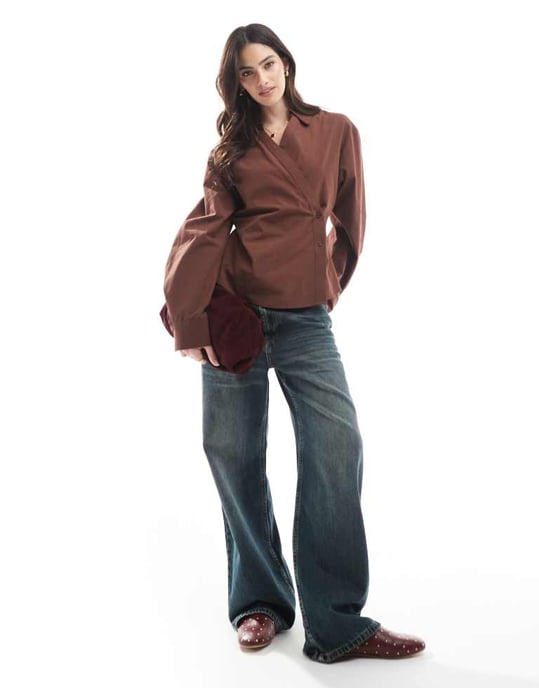ASOS DESIGN wrap shirt with cocoon sleeve in brown - Image 2