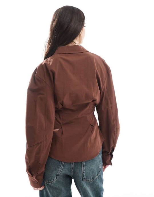 ASOS DESIGN wrap shirt with cocoon sleeve in brown - Image 4