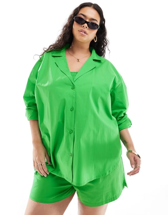 ASOS DESIGN Curve Kaye bomulls skjorta med lång ärm i starkgrön - Image 4