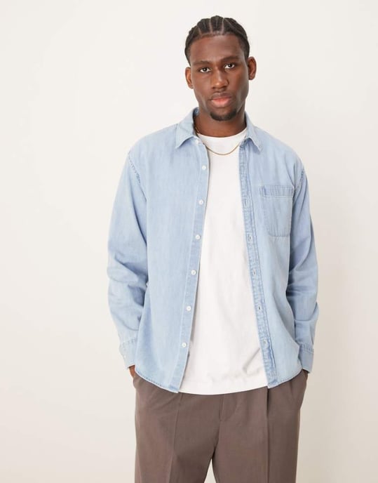 Abercrombie & Fitch long sleeve cropped western denim shirt in blue wash - Image 1